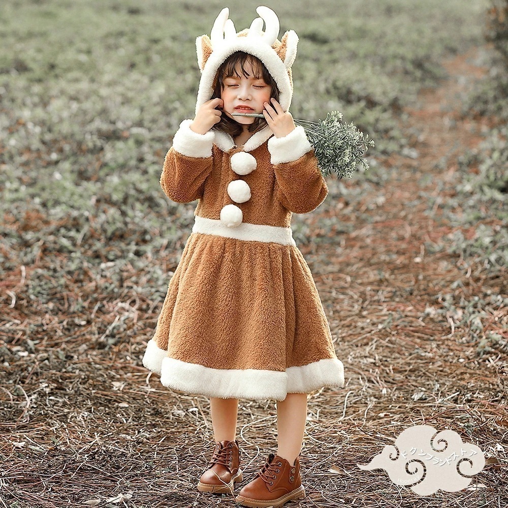 子供用服 キッズ クリスマス サンタ トナカイ コスプレ 衣装 着ぐるみ ワンピース フード付き 帽子付き パーカー もこもこ 裏起毛 ワピチ 鹿 女の子 幼稚園 小学生 変装 仮装 パーティー 余興 4,733円