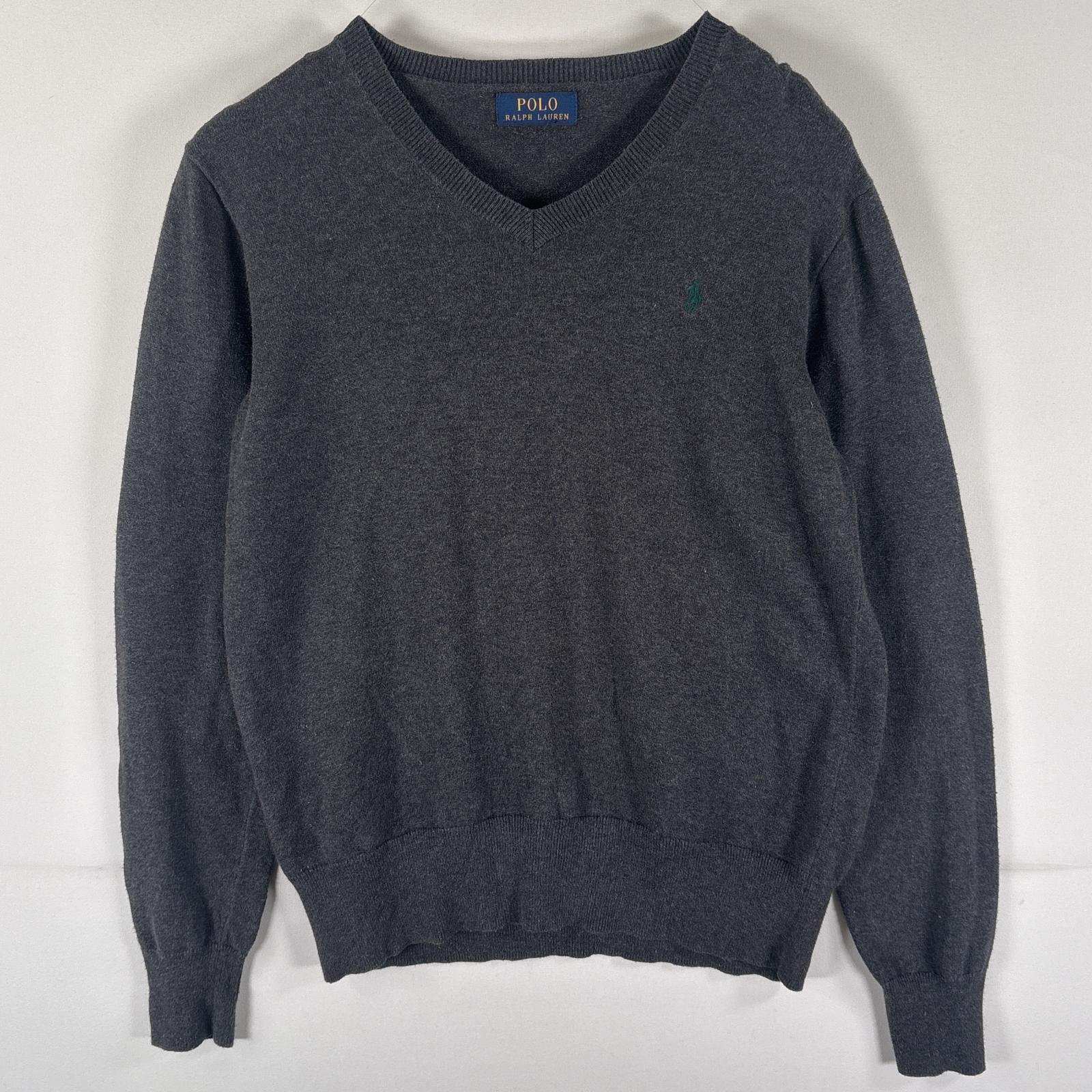 古着 ニット Vネック ワンポイントロゴ刺繍 エルボーパッチ 薄手 ダークグレー メンズ