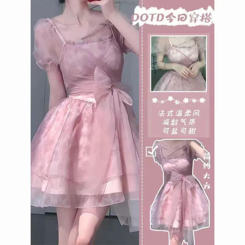 フレンチパフスリーブ花柄ドレス妖精夏の気質ハイエンドウエストプリンセスパフスカートs