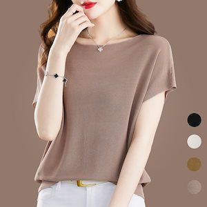 韓国ファッションサマーニット レディース トップス Tシャツ ニットセーター半袖柔らかくラウンドネックセーター女性/うな肌触りで着心地シャツ