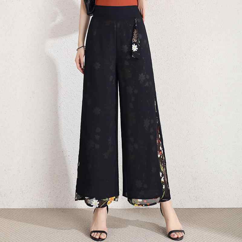 レディース ファッション おしゃれ 上品 シンプル シフォン ワイドレッグ パンツ 夏 薄手 涼しい 涼しい トレンド プリント スリット パンツ ハイウエスト スリム ドレープ ストレート パンツ