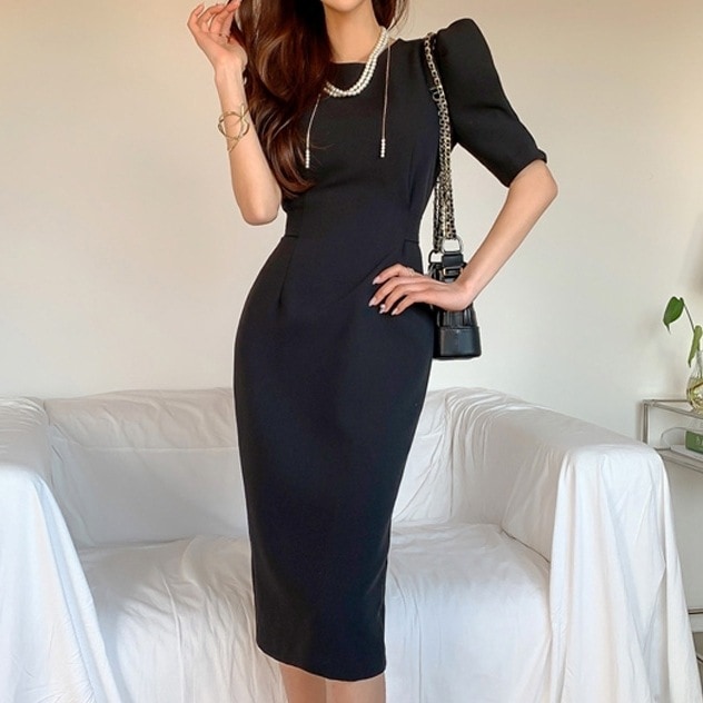 ワンピース レディース タイトワンピース S M L XL 韓国 半袖 無地 ドレス ヌードカラー ラウンドネック 膝丈 オーバーショルダー バックファスナー タイト ボディコンシャス ハイウエスト