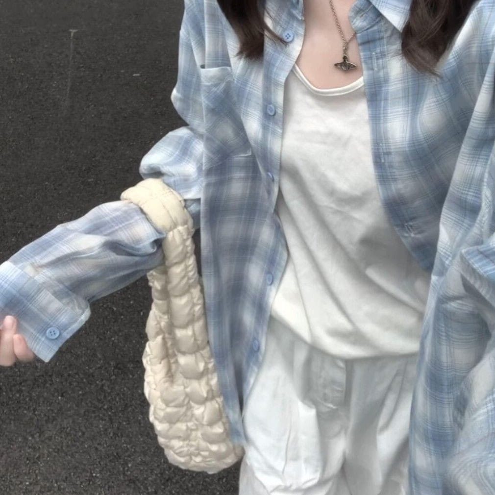 アメリカン 甘くてかっこいい風 灰青 差し色 チェック シャツ レディース 長袖 可愛い カジュアル 重ね着 塩系 アウター541300