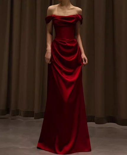 カラードレス ワインレッド オフショルダー ラッフルフリル 細見えシルエット 前撮り