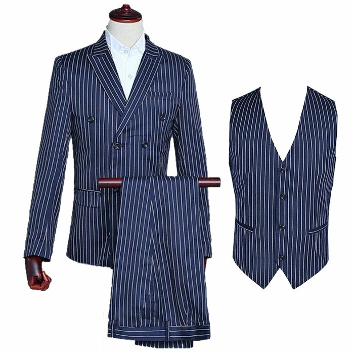 スーツ メンズ スリム ビジネス ベスト付き3点セット スリムスーツ ビジネススーツ ネイビー ストライプ オシャレ 洗える 細身 男性 セットアップ(ジャケット/パンツ/ベスト）
