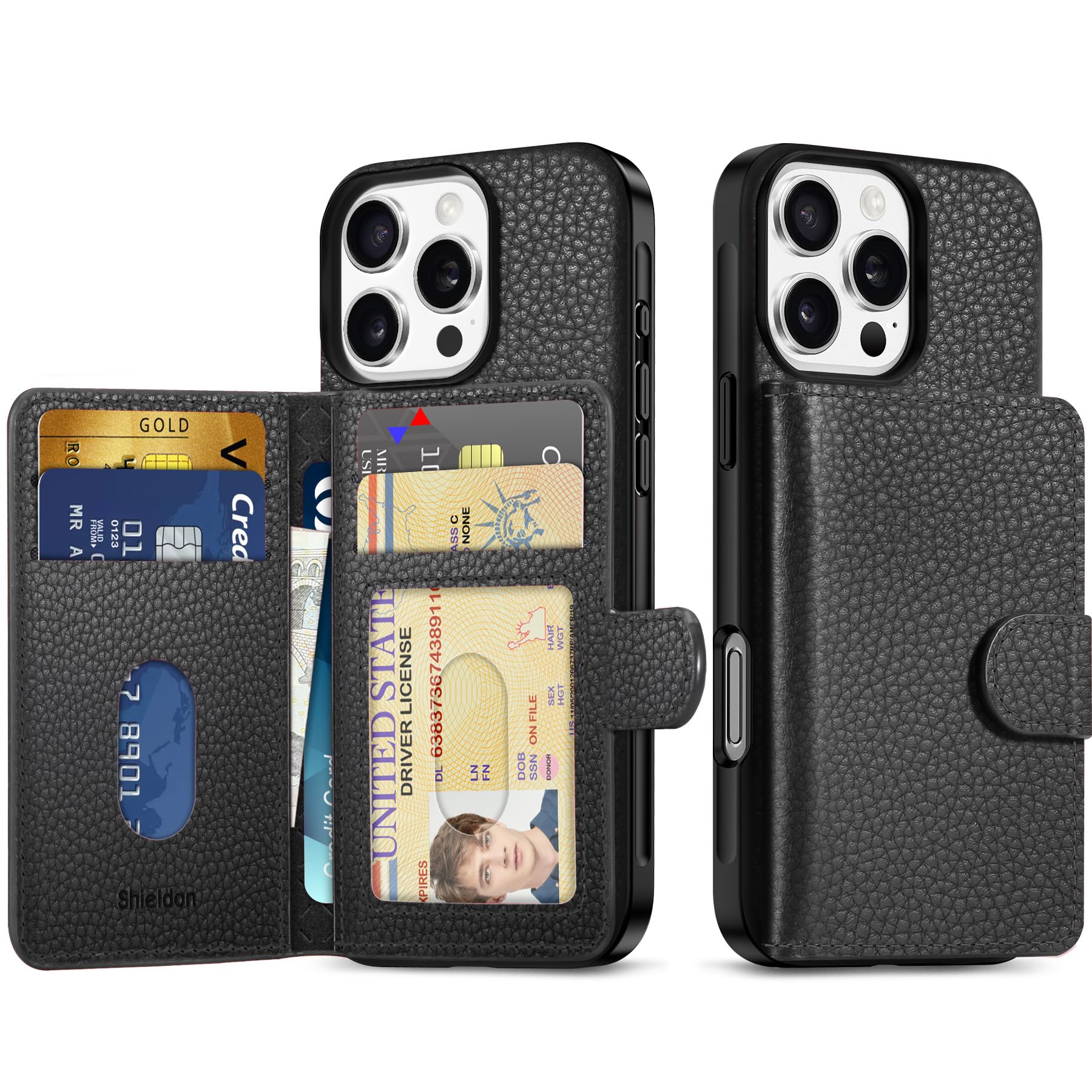 SHIELDON iPhone 16 Pro 対応財布型ケース 本革レザー ウォレット付き 分離不可 6枚カード収納 [RFIDブロッキング] 背面保護 あいふぉん16 プロ 用カバー 滑り止め 指紋