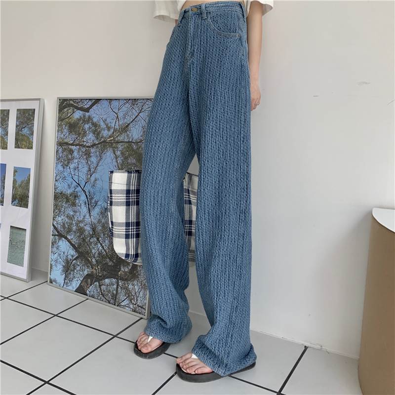 2色 パンツ Gパン デニム ジーンズ レディース ボトムス ワイド フルレングス ハイウエスト おしゃれ 編み込み風 個性的 春 秋 冬 大人 おしゃれ 可愛い 黒 ブルー かっこいい 大人女子 カ