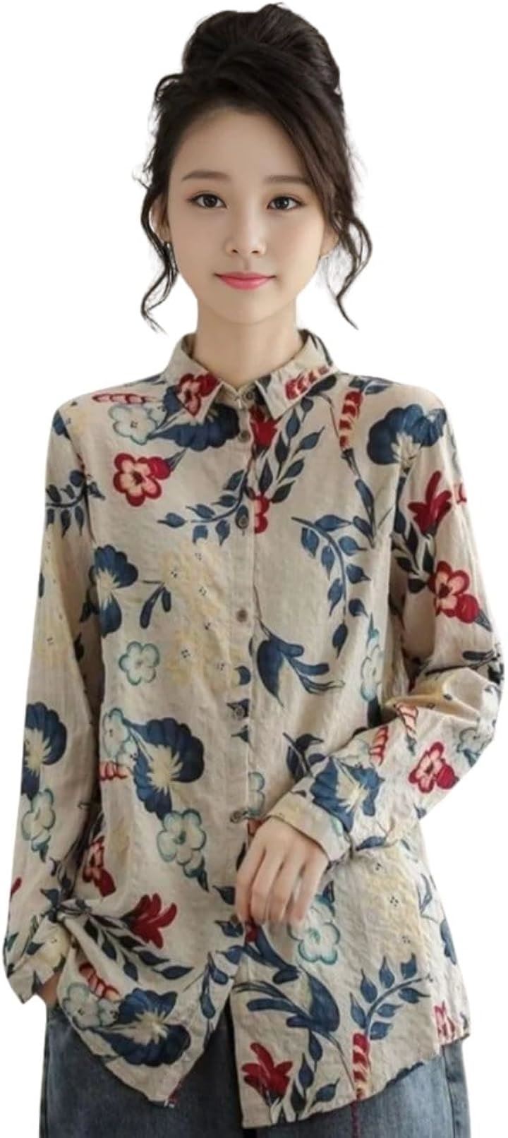 ジェイスコット シャツ ブラウス レディース ボタニカル柄 前ボタン 長袖 ゆったり カジュアル リネンタッチ(XL)