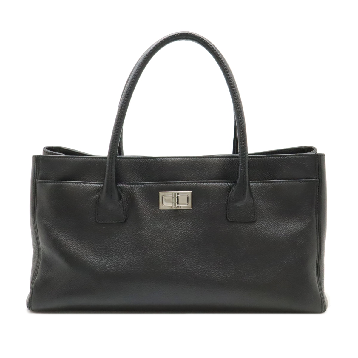 2.55 エグゼクティブライン トートバッグ ハンドバッグ ターンロック レザー ブラック 黒 シルバー金具 ポーチ付き A2929