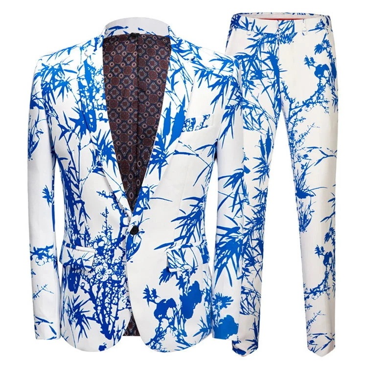 ブルー　竹柄　メンズスーツ　スーツセット　上下セット　タキシード　メンズ タキシードフォーマル　演出舞台　結婚式/パーティ/司会　スーツ/ズボンの2点セット　大きいサイズ有り