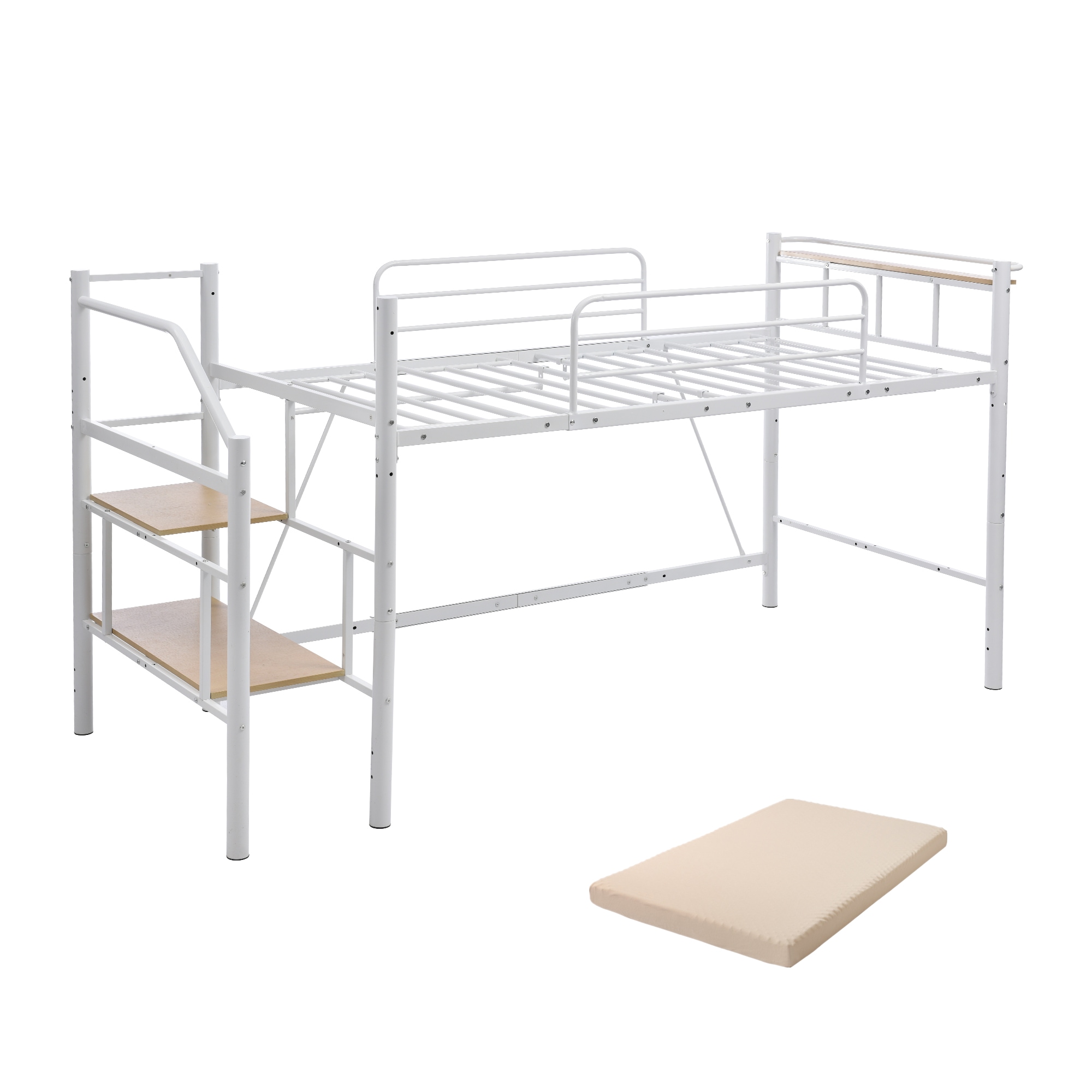 【国内発送】161【マットレス付き】ロフトベッド パイプベッド シングル 耐荷重150kg 高さ130cm システムベッド ロータイプ 棚 収納 北欧風 大人 一人暮らし ハンガーポール4本付属 送料