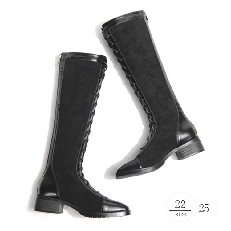 レディースシューズブーツジョッキーブーツロングブーツ靴靴紐ぺたんこ風レースアップ編み上げ