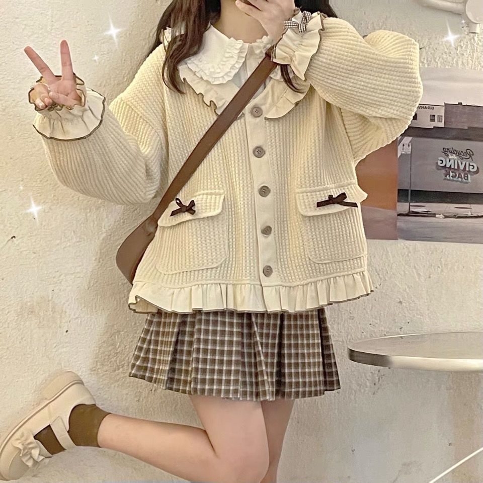 涼しく楽ちんセットアップ 涼しく楽ちんセットアップ涼しく楽ちんセットアップセットアップ2023韓国ファッション JK制服カレッジスタイル ニットカーディガン＋ベビーカラーブラウス＋プリーツスカートベ