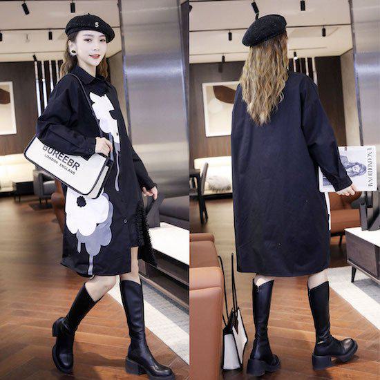 シャツ レディース 長袖 チュニック おしゃれ ブラウス 体型カバー 襟付き アシンメトリー ワンピース フリル プリント 個性的 モード モノトーンきれいめ カジュアル デイリー お出かけ 通勤 通