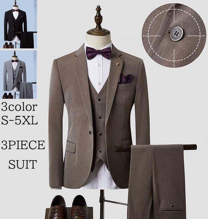 メンズスーツ 3点セット 長袖ジャケット+ズボン+ベスト 紳士服 キャメル/ブラック/グレー カジュアル スタイリッシュスーツ セレモニー スーツ スーツセット メンズ 入学式 通勤 OL 発表会