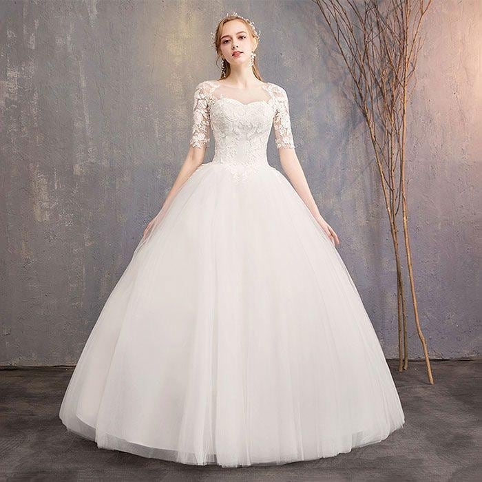 ウェディングドレス 結婚式 花嫁ドレス フォト婚 二次会 白 ドレス クラシカル 花レース シースルー ウエディング 前撮り 後撮り フォトウエディング リゾートウ30%までに制限