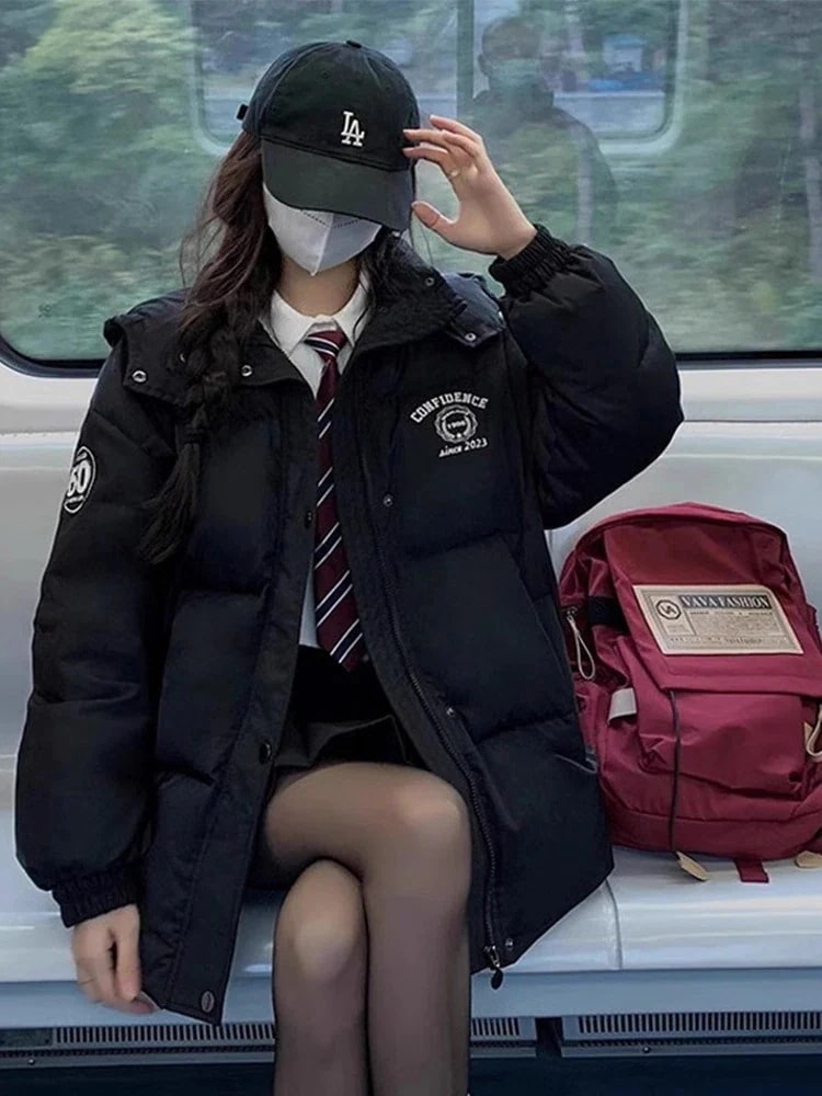 25 ふっくら中綿 コート 韓国防寒あったか暖かいかわいい厚手アウタートレンド羽織るックファッション系大人ゆったりカジュアルストリートスタンドネックにサイズ丈シルエットレディース黑