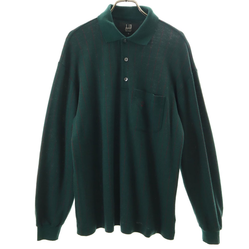 90s オールドイタリア製 ウールブレンド ストライプ柄 長袖 ポロシャツ S グリーン メンズ 古着