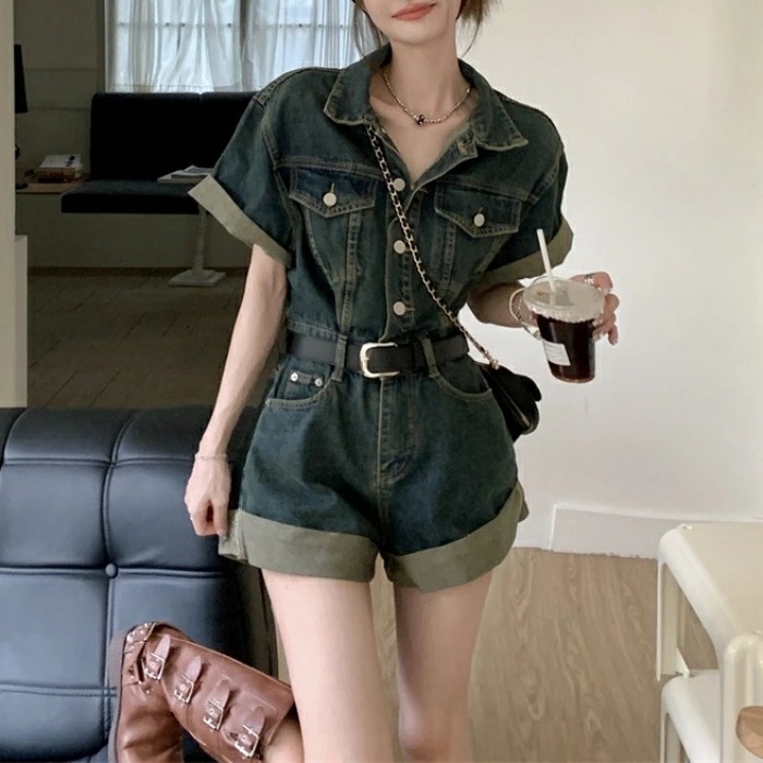 オールインワン サロペット コンビネゾン デニム パンツ ショートパンツ レディース エレガント きれいめ カジュアル 大人 可愛い フェミニン 半袖 ショート丈 ウエストベルト ヴィンテージ シンプ