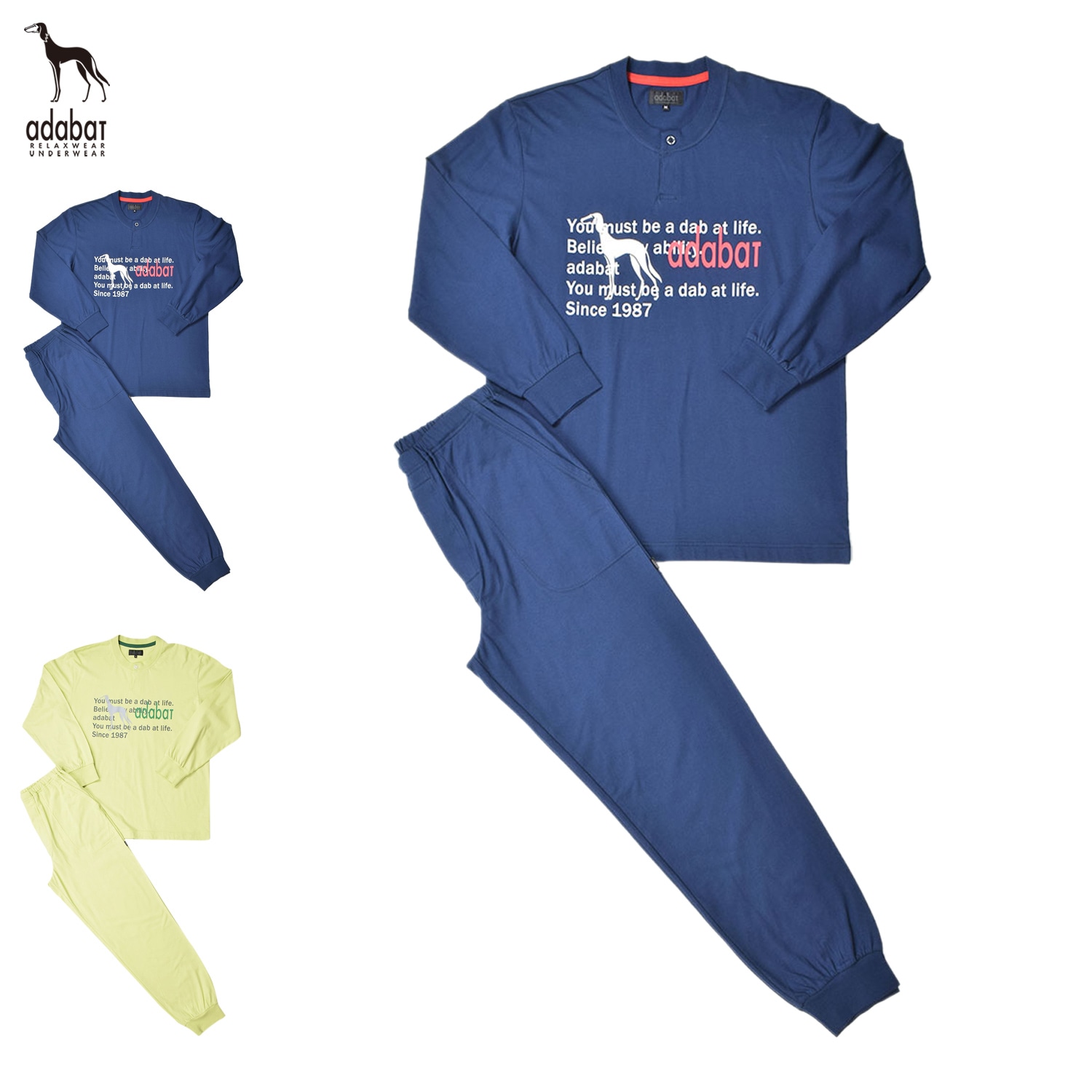 ルームウェア 部屋着 パジャマ 上下 セットアップ ナイトウェア 長袖ヘンネック メンズ 上着 ネイビー グン 0249-95