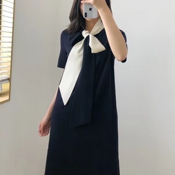 ワンピース バイカラーリボンワンピース リボン ミドル丈 Aラインスカート ストレート 半袖 ハイウエスト ルーズ 韓国 レディース かわいい 可愛い キュート 大人可愛い 大人女子