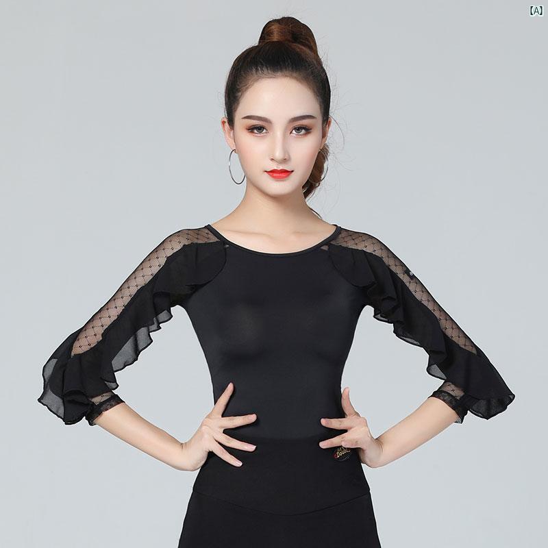 ダンス練習着ダンス衣装社交ダンス衣装 Danbaoluo 冷感 ラテン ダンス 衣装 レディース ミッド スリーブ 社交 シャツ 標準 トップスクエア