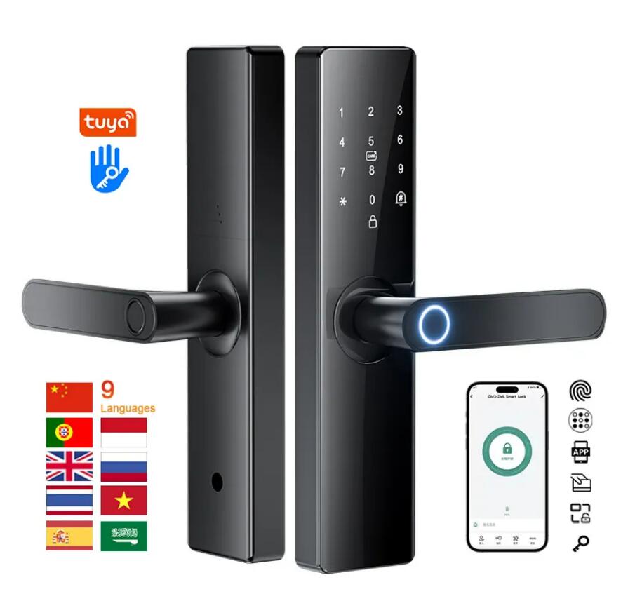 指紋パスワードスマートドアロック多種言葉対応　電子キーレス指紋スマートロックパスワードデジタル指紋ドアハンドルロックコード家庭用キー付き