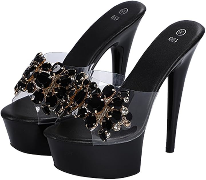 レディース ミュール パンプス 厚底 キラキラ ラインストーン 17cm サンダル キャバヒール おしゃれ 日本の靴のサイズ寸法 大人 数値 24.5(ブラック, 24.5 cm)