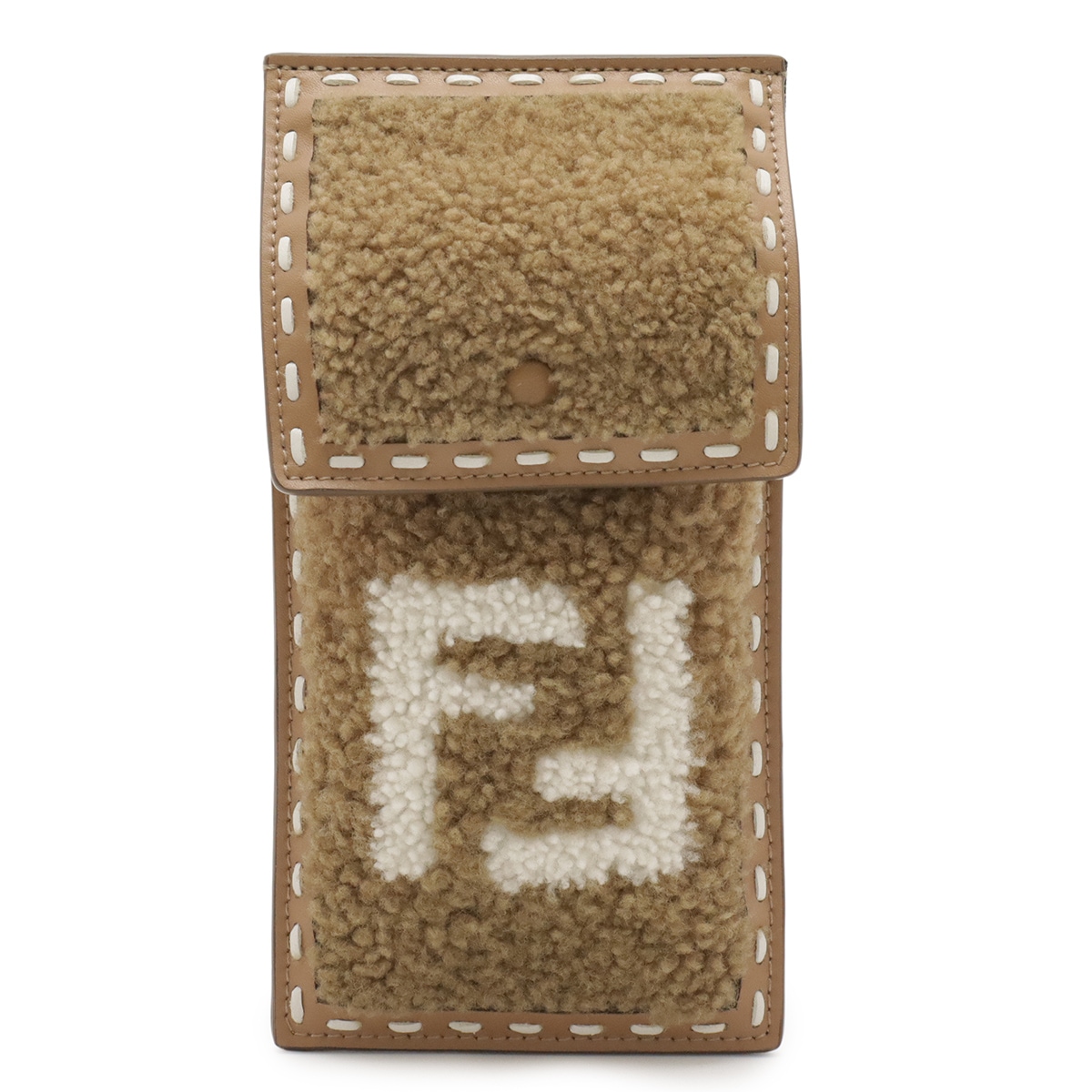 FFロゴ フォンポーチ スマホポーチ スマホケース 携帯 ボア レザー ベージュ ホワイト ゴールド金具 7AS04