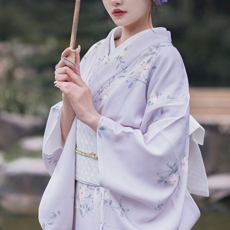 やまとり 和風 和風ゆかた レトロ 神娘 改良着物 写真 旅行写真 薄紫 白 花 母の日-0001020