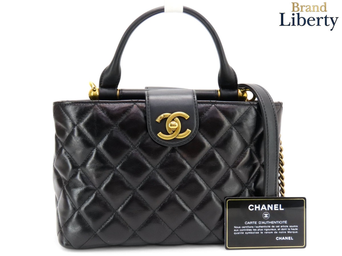 激レア超美品シャネルCHANELマトラッセココマーク2WAYハンドバッグトートバッグチェーンショルダーバッグポシェットブラックアンティークゴールド金具レザーA93425