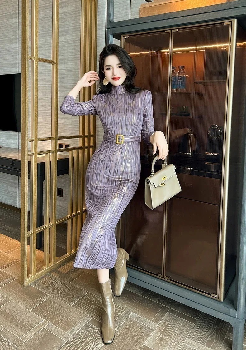 【JY.上品】 2025秋冬 大人 スタンド襟 レザーワンピース タイト 着痩せ パープル パーティードレス キャバ 着痩せ 大人 同窓会 披露宴 卒業式 結婚式 演奏会 ウェディング 二次会 発表3
