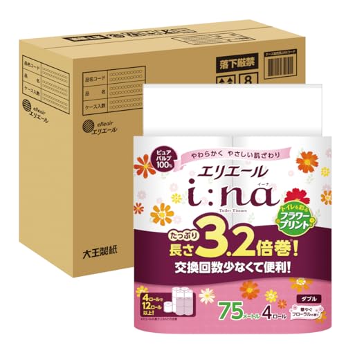 エリエール トイレットペーパー i:na(イーナ) フラワープリント 3.2倍巻き 75m32ロール(4ロール8パック) ダブル パルプ100% 華やかなフローラルの香り 【ハーフケース】
