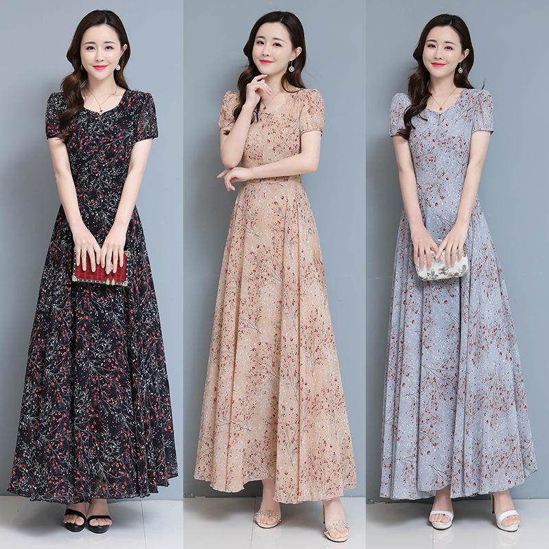ワンピース レディース マキシワンピース 春夏 半袖ワンピース 花柄シフォン Vネック フレアスカート ひざ下 オシャレ結婚式ドレス お出かけ大きいサイズ