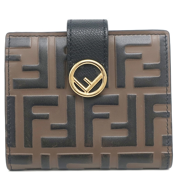 フェンディ 二つ折り財布 エフ イズ フェンディ レザー マヤブラウン×ブラック ゴールド金具 ミニ財布 茶 黒 8M0386【中古】