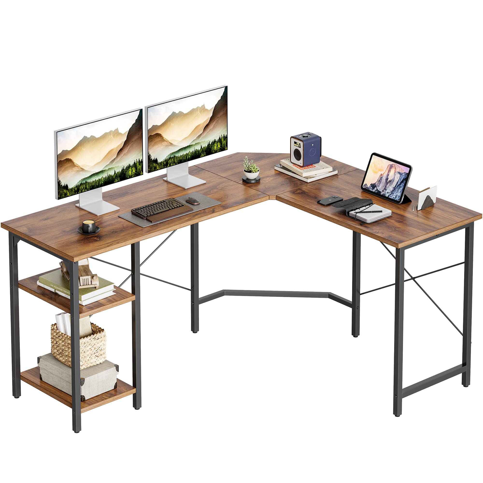 CubiCubi l字デスク 幅150*奥行き120cm ラック付き パソコンデスク 収納 安定性 組み立て簡単 一人暮らし ディープブラウン