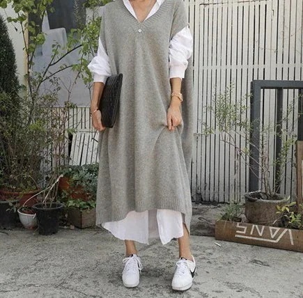 ロングベストコート韓国風ルーズプラスサイズレディースニットセーターセータードレスワンピース秋