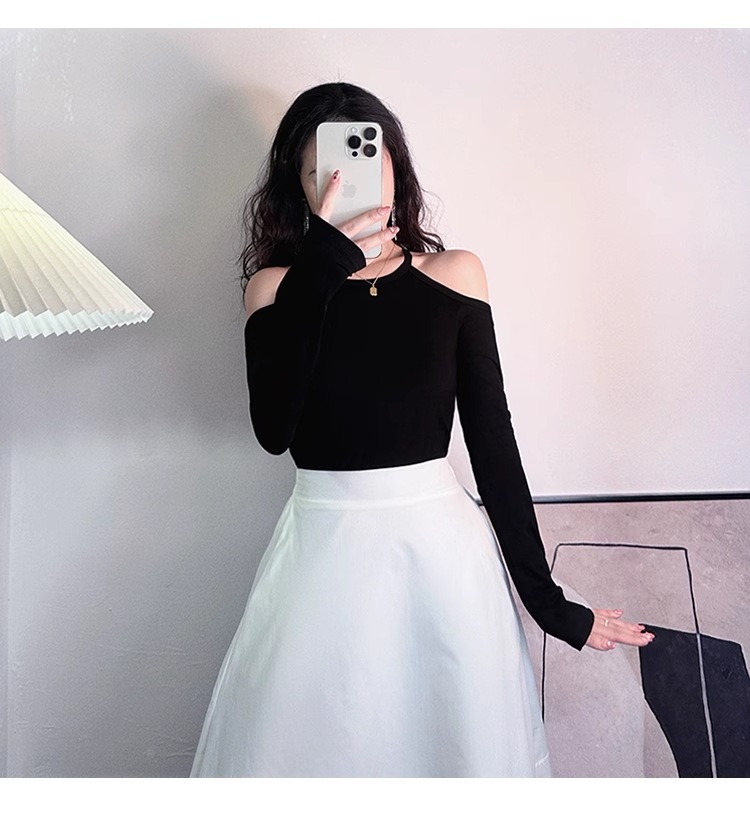 リトル ロック モンスター セクシー オフショルダー ハンギング ネック デザイン シック イン ホット ガール ニッチ Tシャツ トップ 個性的 トップス シャツ 袖あり 長袖 オフショルダー