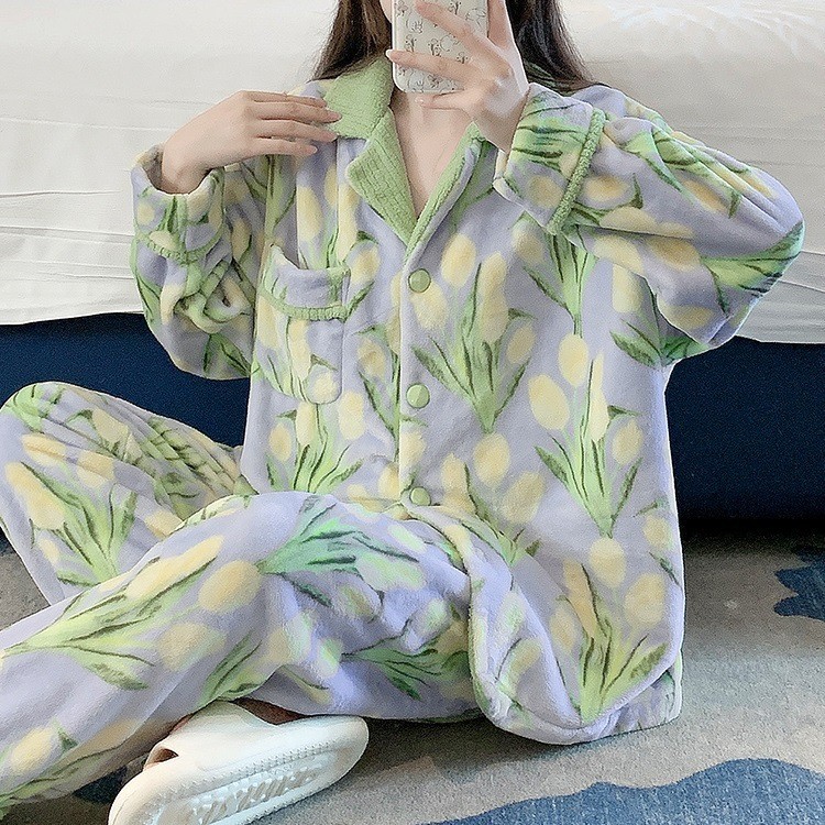 レディース コーラルフリースパジャマ 秋冬 厚手 プラスサイズ フランネル アウターとしても着用可能 冬物ホームウェアセット