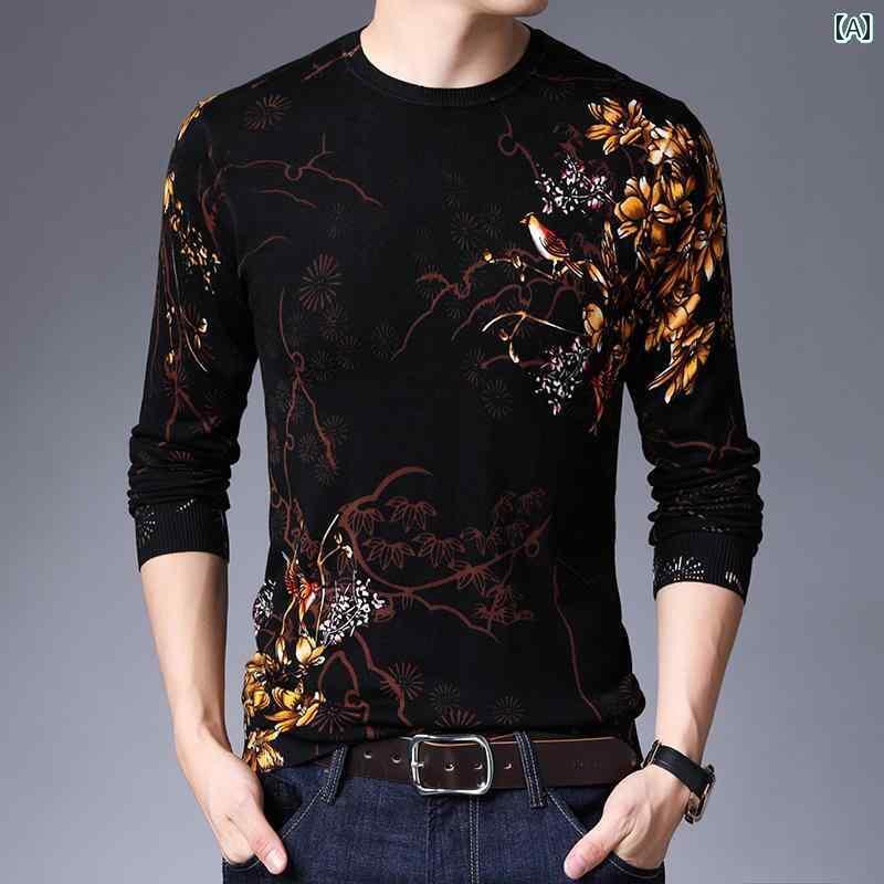 メンズ 秋冬 トレンド ファンシー ニット ウール セーター 個性 チャイナ風 花鳥 柄 セーター