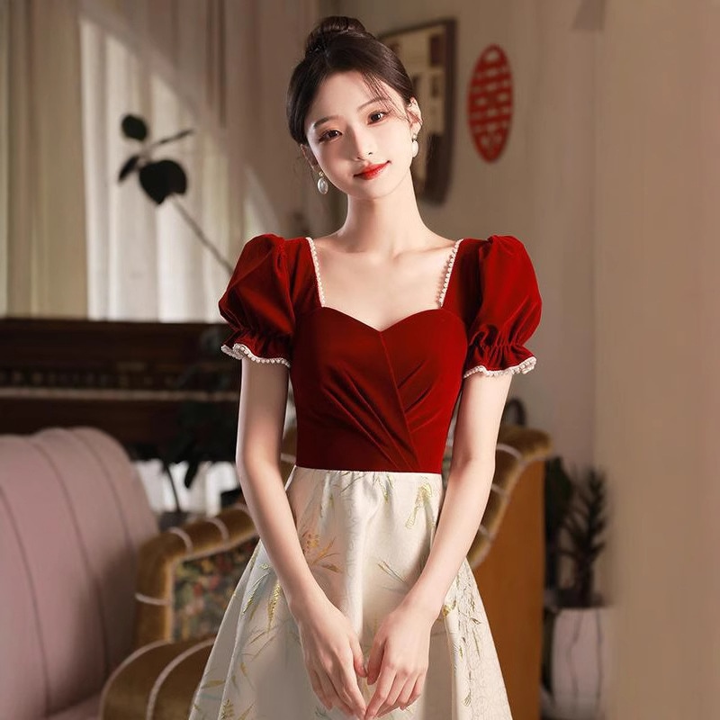 赤いイブニングドレス敬酒服2025花嫁婚約フレンチバブルスリーブドレス