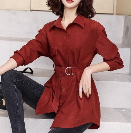 トップス シャツ ブラウス 長袖 半袖 ボリュームスリーブ 襟付き シャツカラー デザイン 美ライン ニュアンス ベルト ウエストマーク 胸ポケット スタイルアップ かわいい 大人可愛い きれいめ