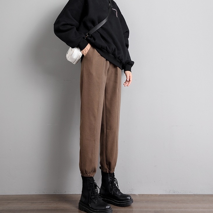 ボトムス パンツ ジョガーパンツ ロング ロング丈 ハイウエスト リブ 裏起毛 かわいい 大人可愛い きれいめ シンプル カジュアル 大人 上品 おしゃれ お洒落 かっこいい マニッシュ ルーズ 無地