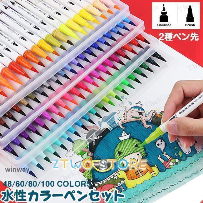 水性ペン 12色セット 100色セット カラーペン マーカーペン イラストペン 太字 細字 水彩毛筆 塗り絵 DIY 事務用 勉強用 子供用 収納ケース付き プレゼント