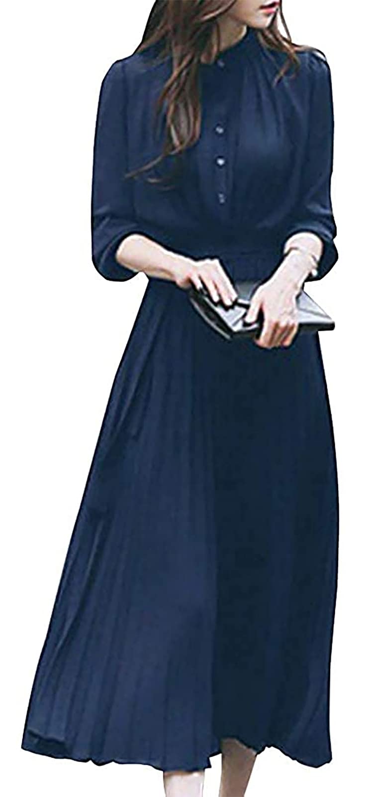 [ニーマンバイ] プリーツ ワンピ 無地 ロング丈 ワンピース Aライン 長袖 ミモレ ミモレ丈 ヒザ 丈 体型 カバー オシャレ カワイイ 可愛い セクシー キレイメ 上品 シフォン シンプル ふん