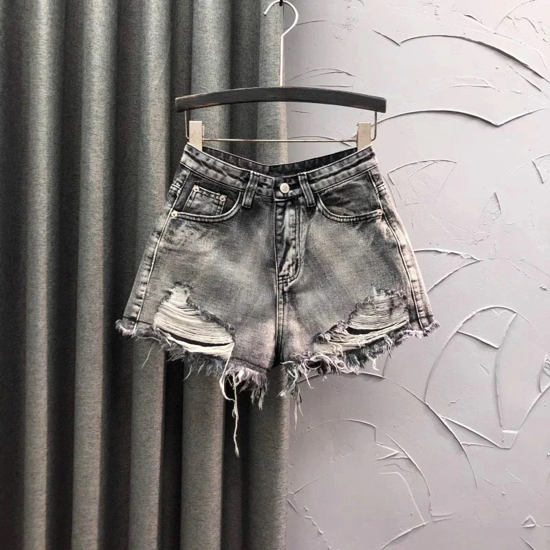 スモークグレー ハイウエスト デニムショートパンツ レディース リップド 夏 ファッション ゆったり カジュアル Aライン ローエッジ ワイドレッグ ホットパンツ