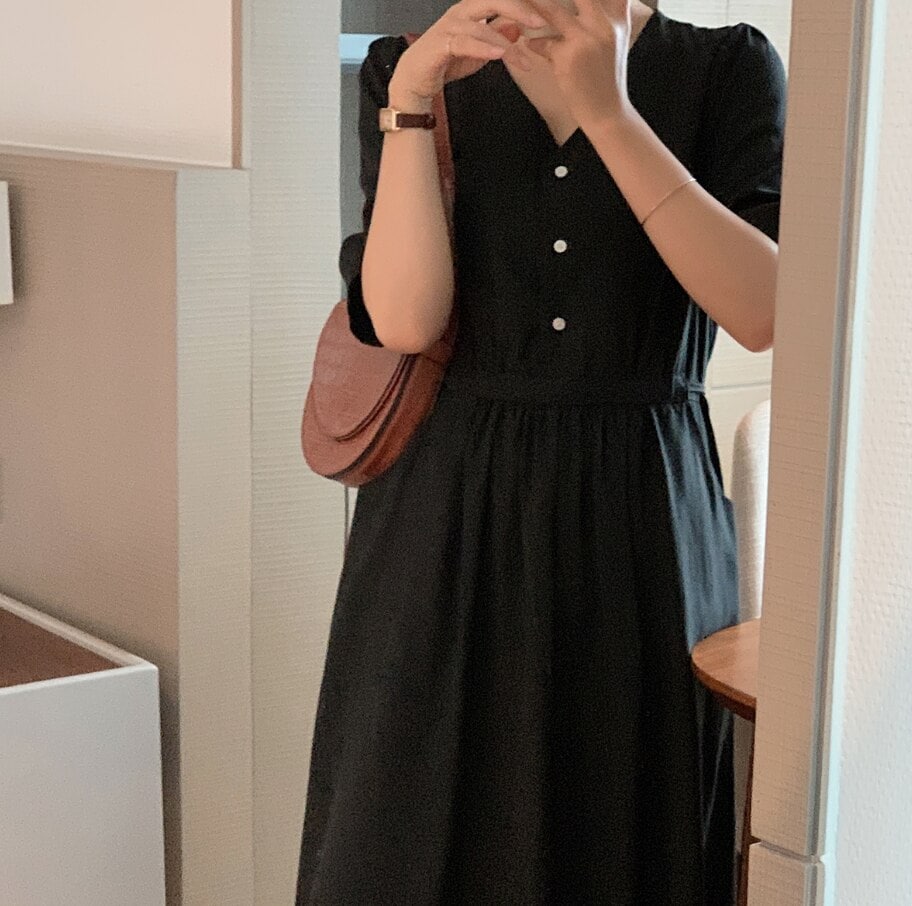 ワンピース 袖あり かわいい 大人可愛い きれいめ シンプル カジュアル 大人 上品 おしゃれ Vネック 半袖 ハイウエスト ロング丈 ウエストマーク 無地 春夏 ブラック L 韓国 コーデ　休日