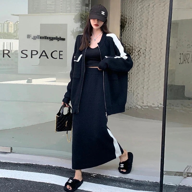 スウェット上下セットヨーロッパ製ポケットニットセットの新作ゆったりとしたカラーがおしゃれなセーターの半身スカート2点セット