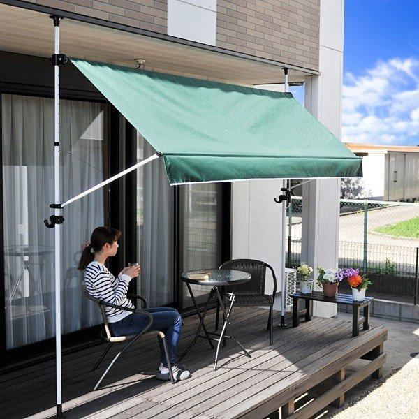 オーニング 3m ベージュ ストライプ cafe風 グリーン 緑 ブラウン 突っ張り DIY テント ベランダ 庭 手動 カフェ シェード