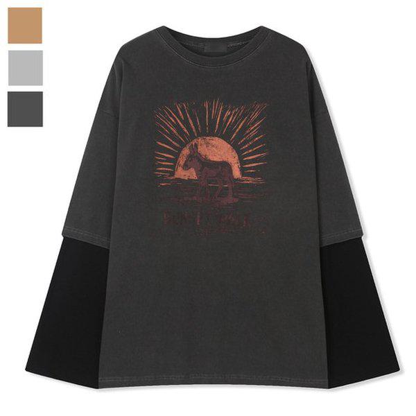 メンズ サンセット ピグメント レイヤード 長袖Tシャツ ML-TSA-Q002-チャコール